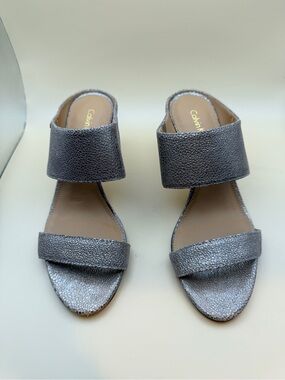 Calvin Klein Metallic Silver Double-Band Slide Sandals